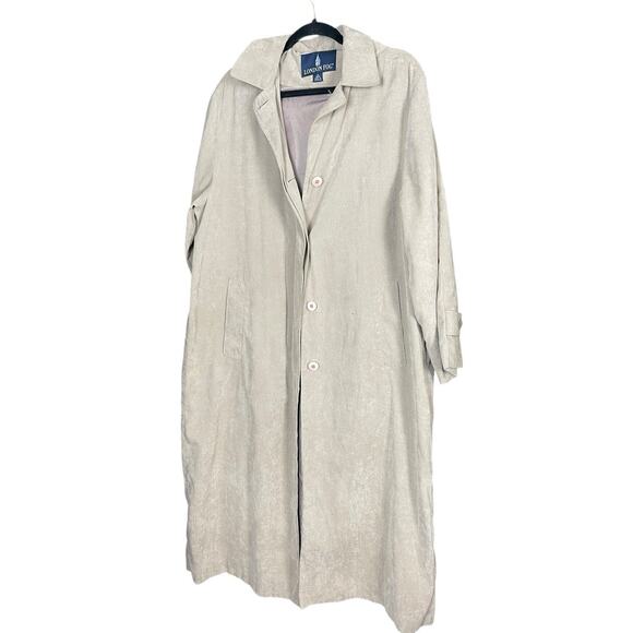 Vintage 90s London Fog Faux Suede Tan Trench Coat Size 8 Button Down w/Hood - Picture 13 of 15